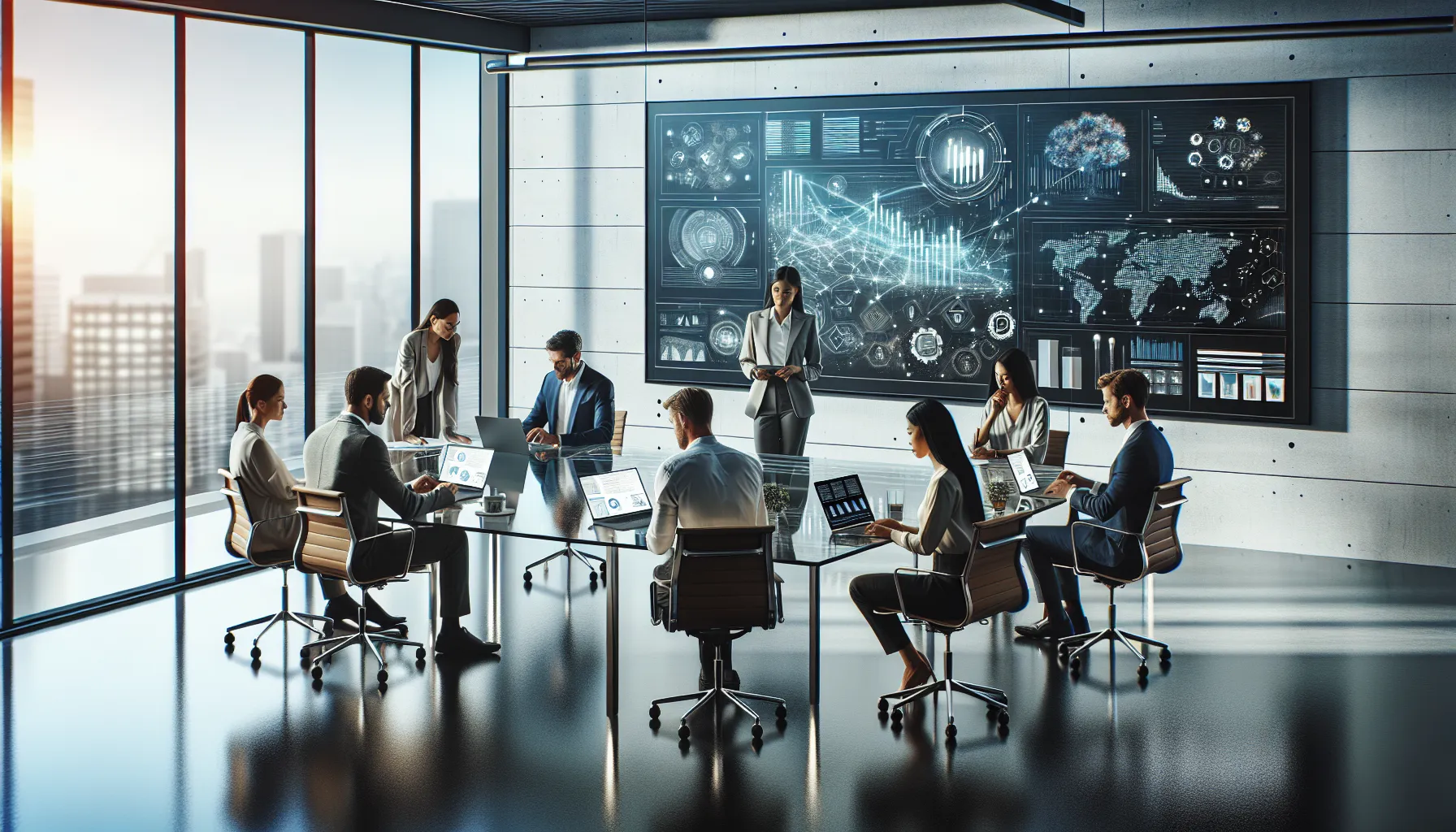 diverse team discussing innovations in a modern office.