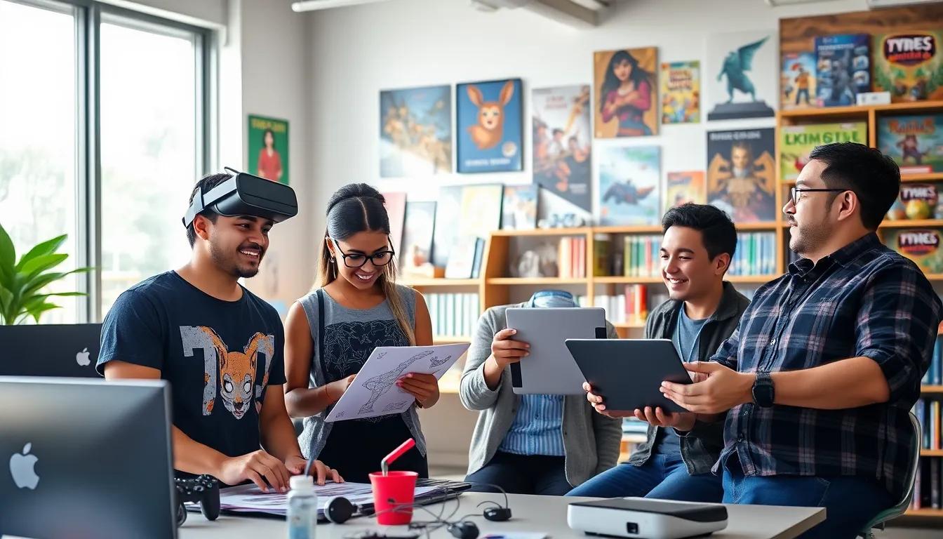 a diverse group collaborating on gaming projects in a modern workspace.