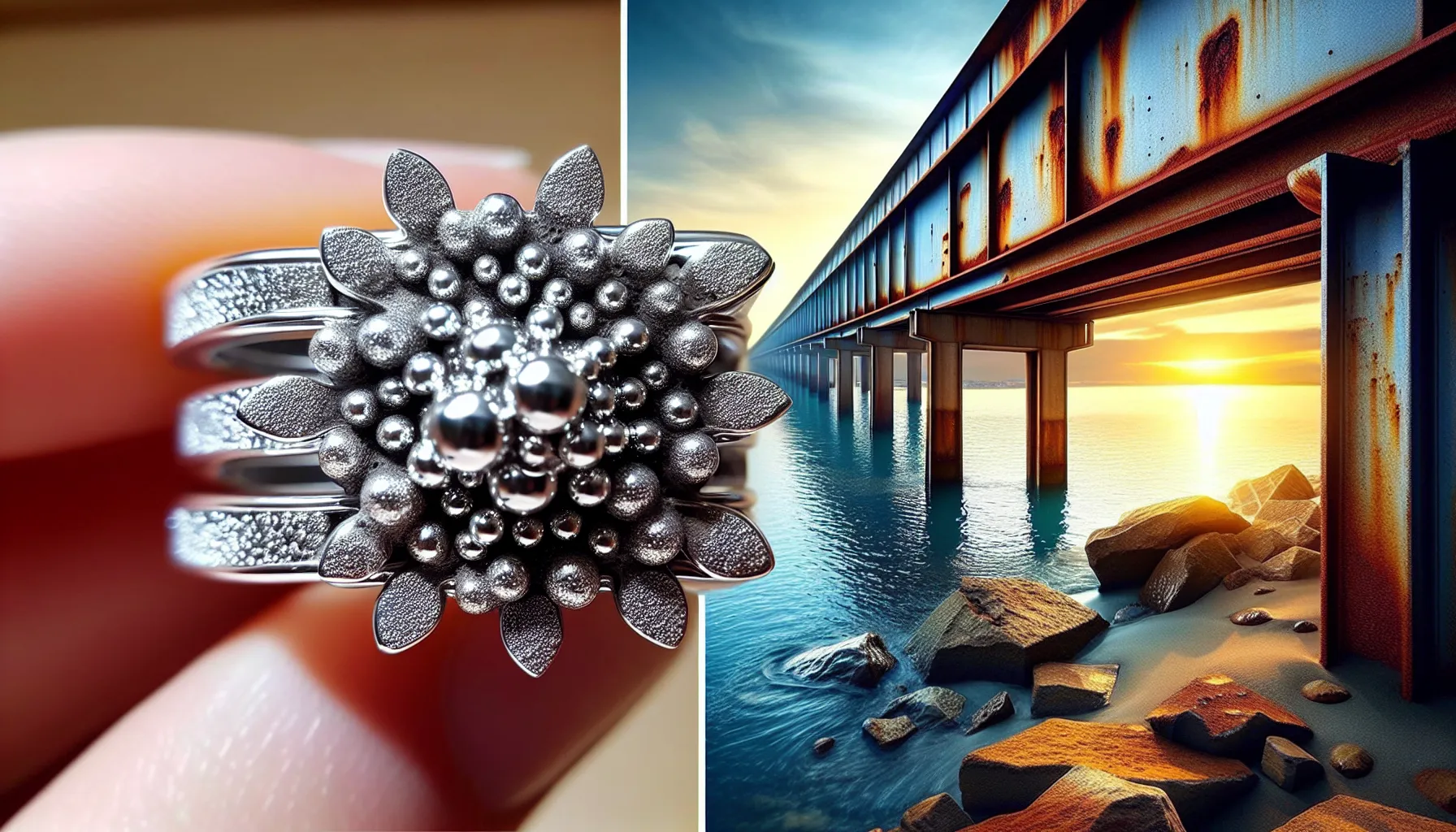 A visual comparison of silver tarnish versus a rusted steel beam.