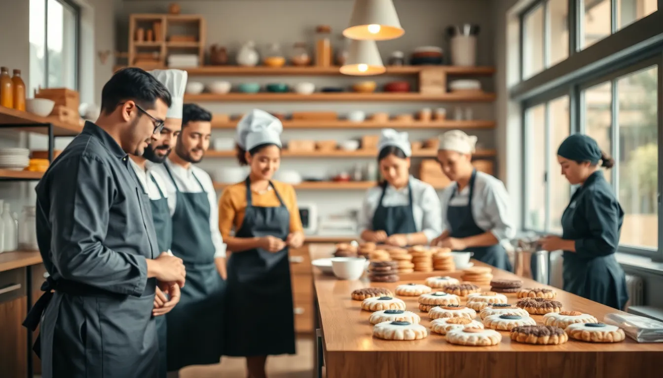 diverse team baking cookies in a modern bakery setting.