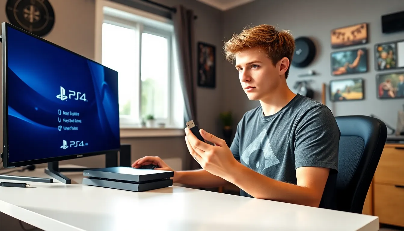 A young man updating his PS4 using a USB drive.
