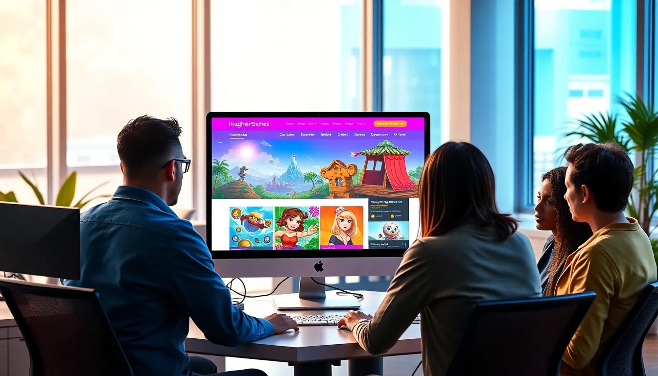 diverse team collaborating in a modern office on game development.