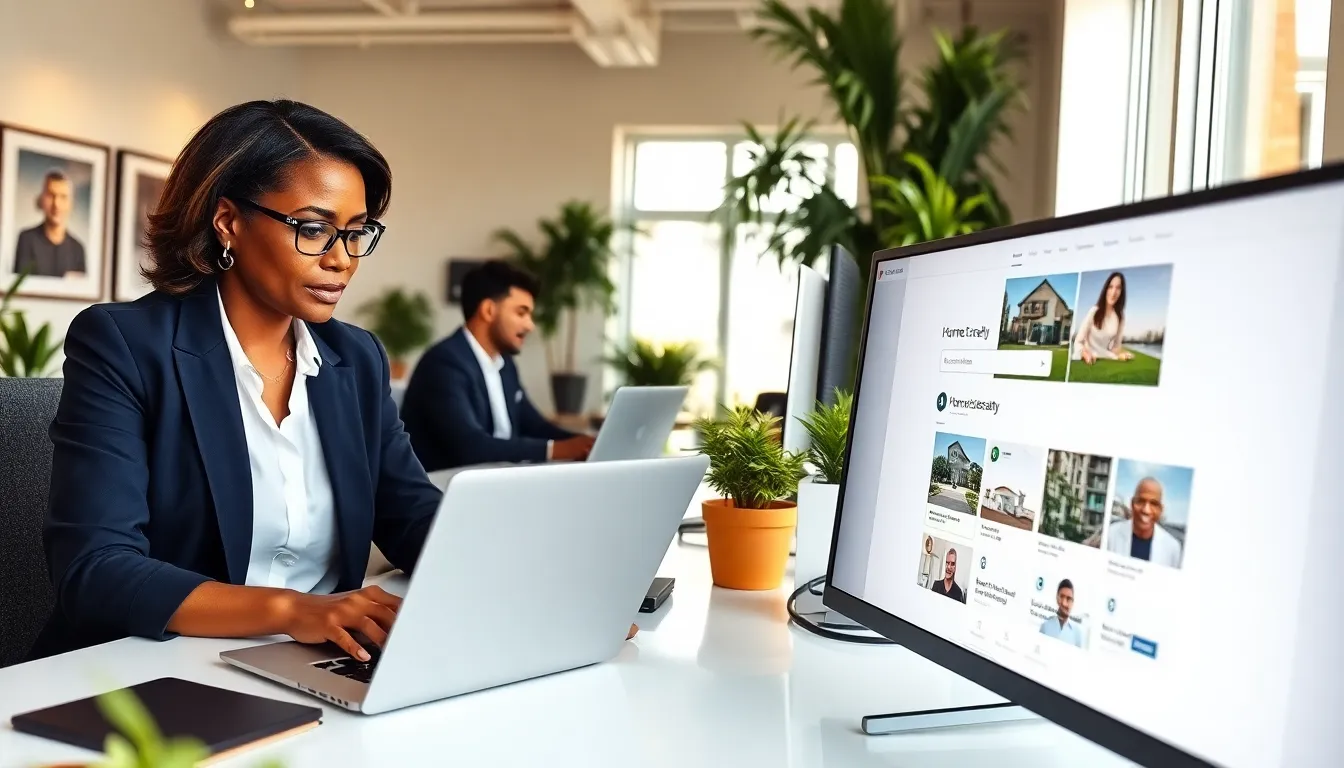 real estate agents communicating via email in a modern office.