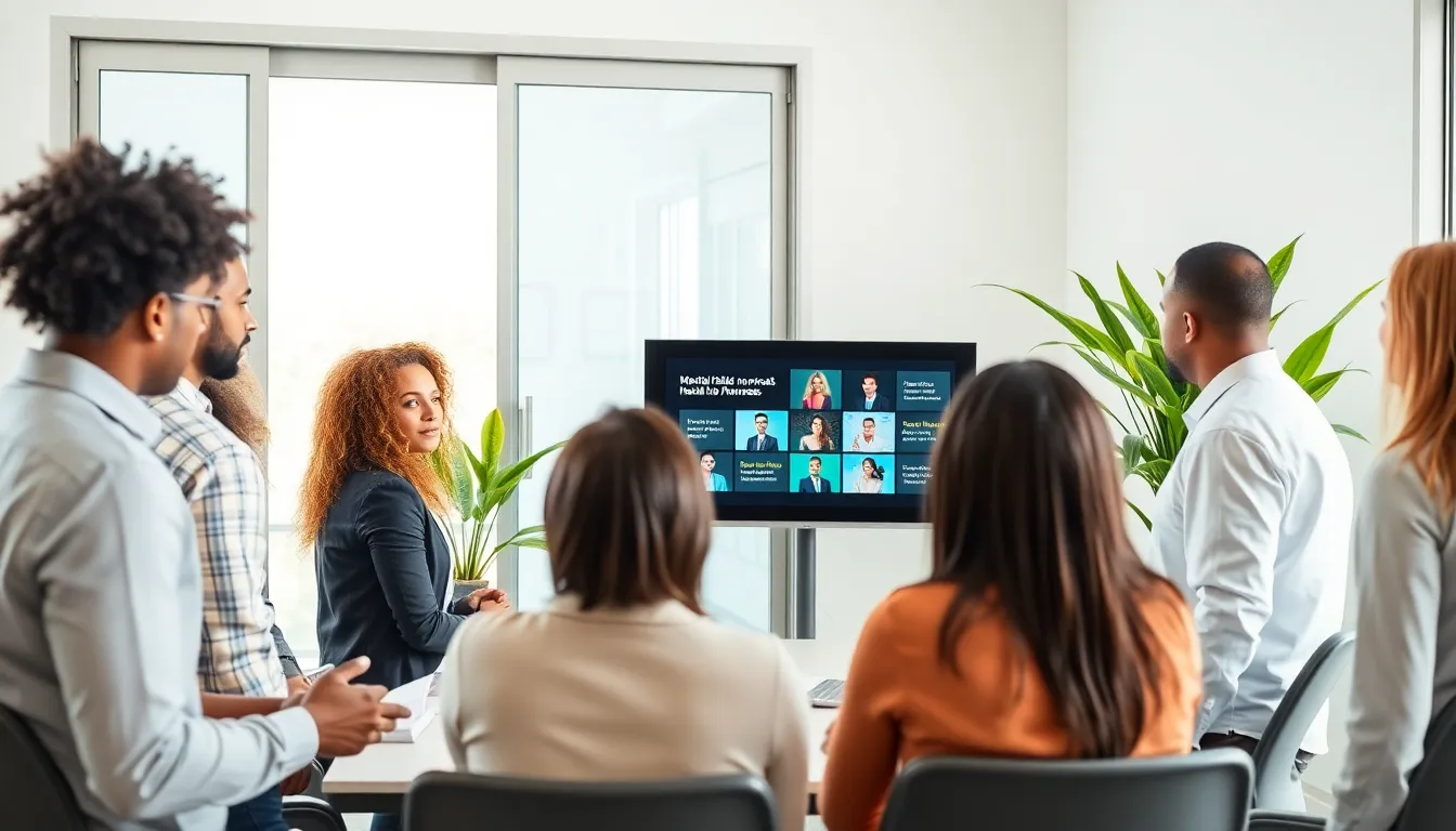 diverse team discussing mental health awareness in a modern office setting.
