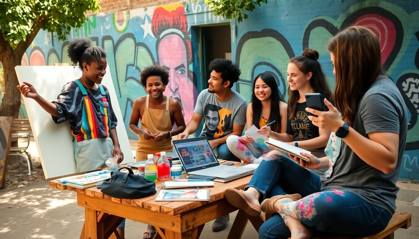 a diverse group collaborating at an outdoor art workshop.