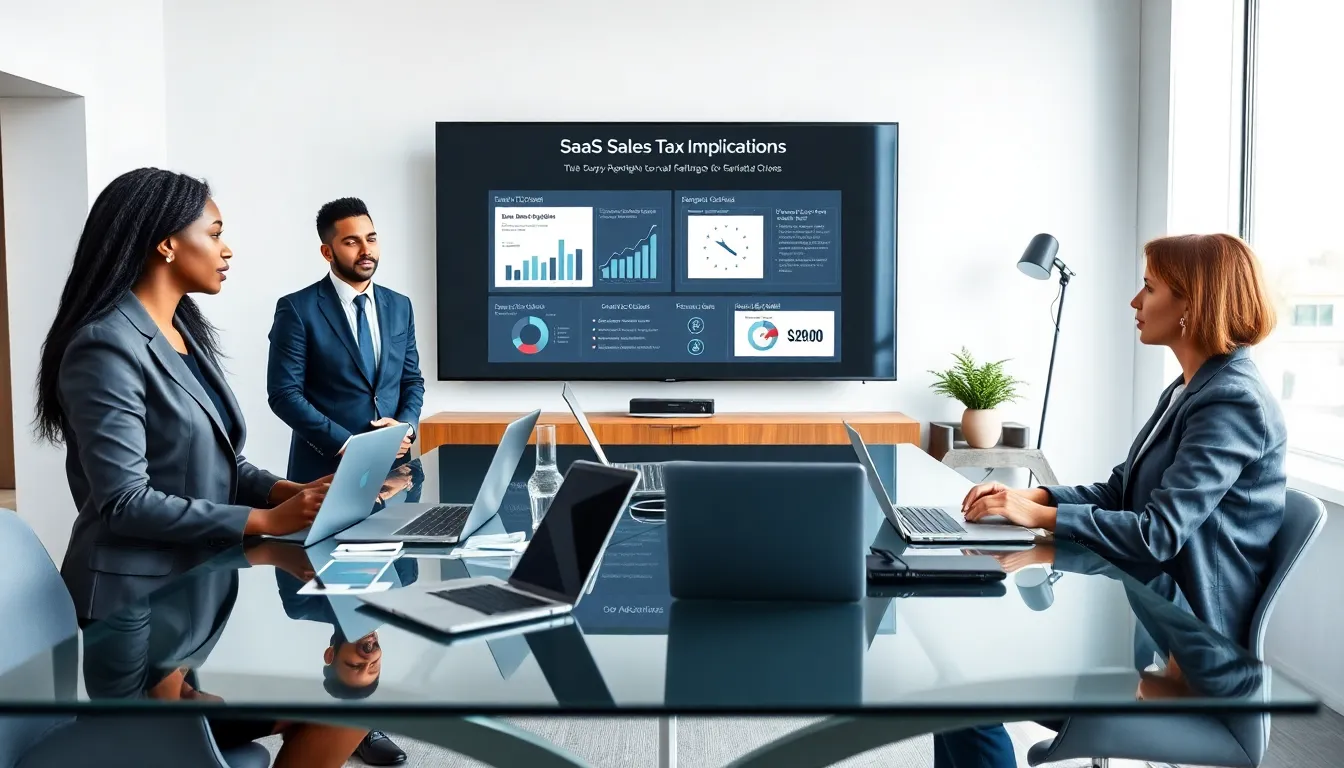 diverse team discussing SaaS sales tax in a modern office.