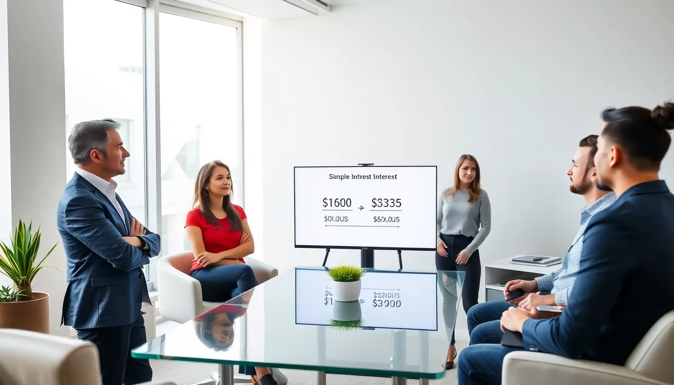 financial advisor explaining simple interest to diverse clients in a modern office.