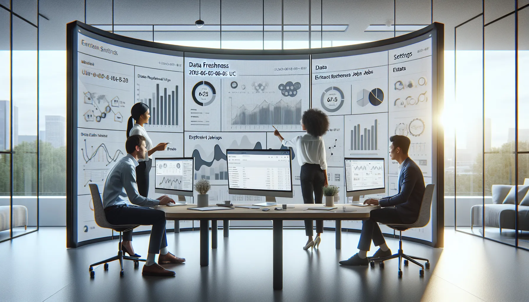 Data team managing Tableau-style refresh schedules and subscription emails in a modern office.