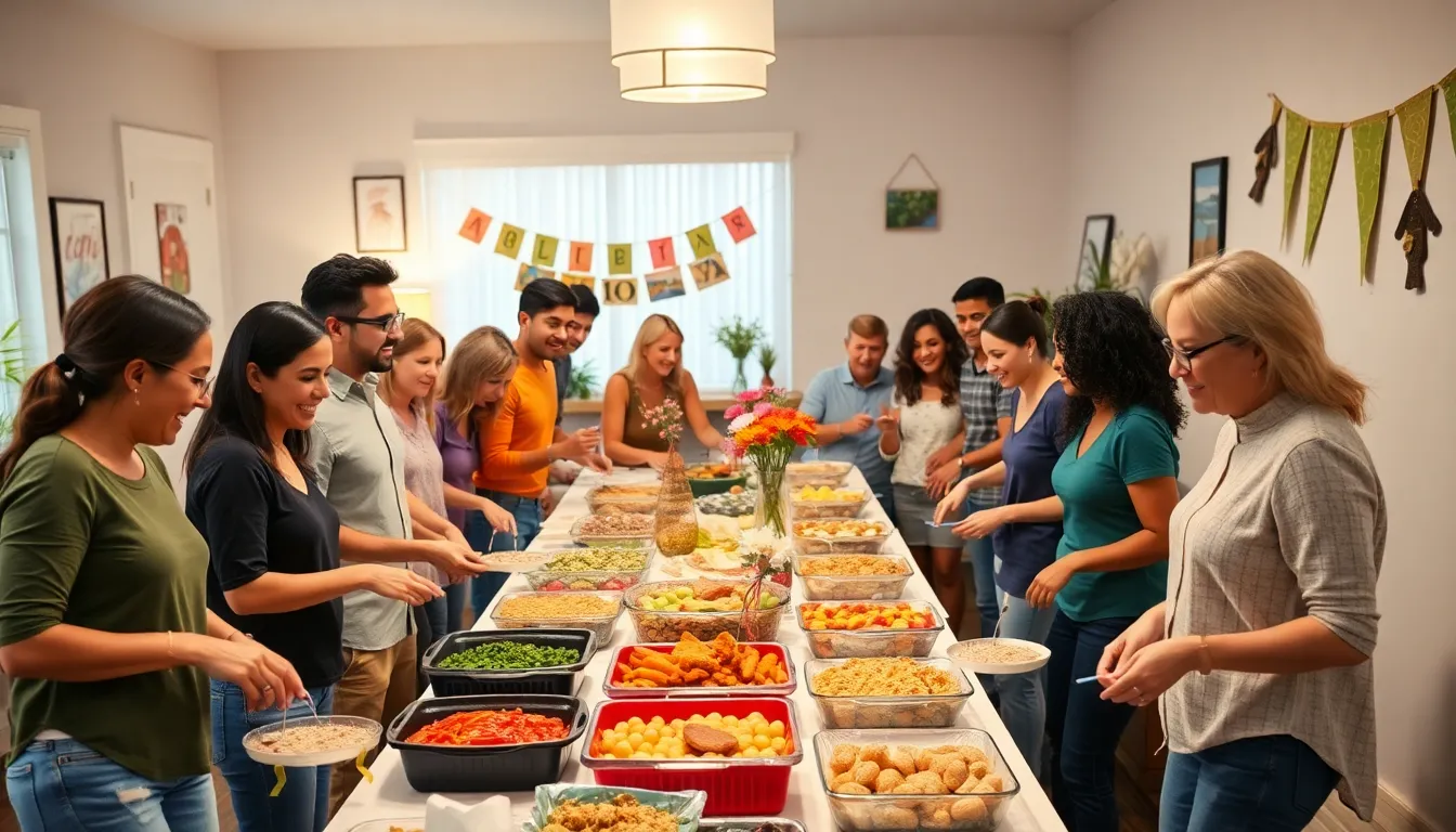 diverse group enjoying a potluck dinner in a cozy space.