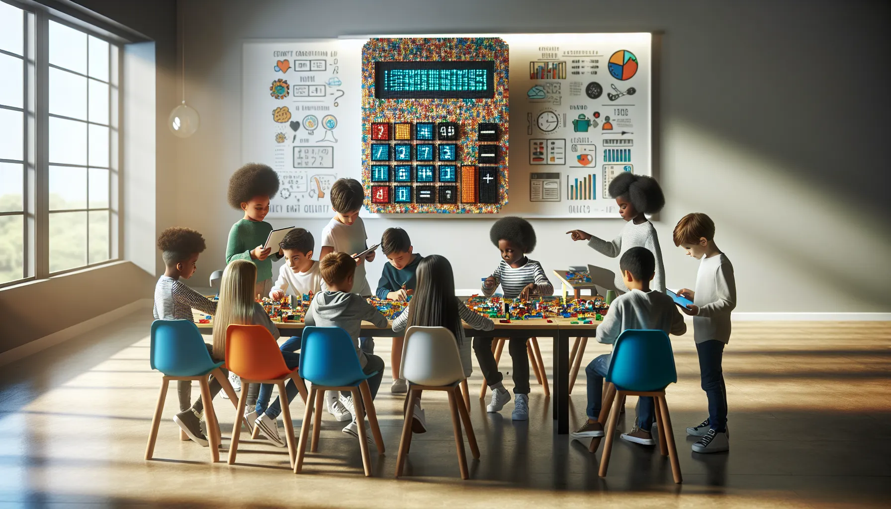 children engaged with a Lego calculator in a bright classroom.