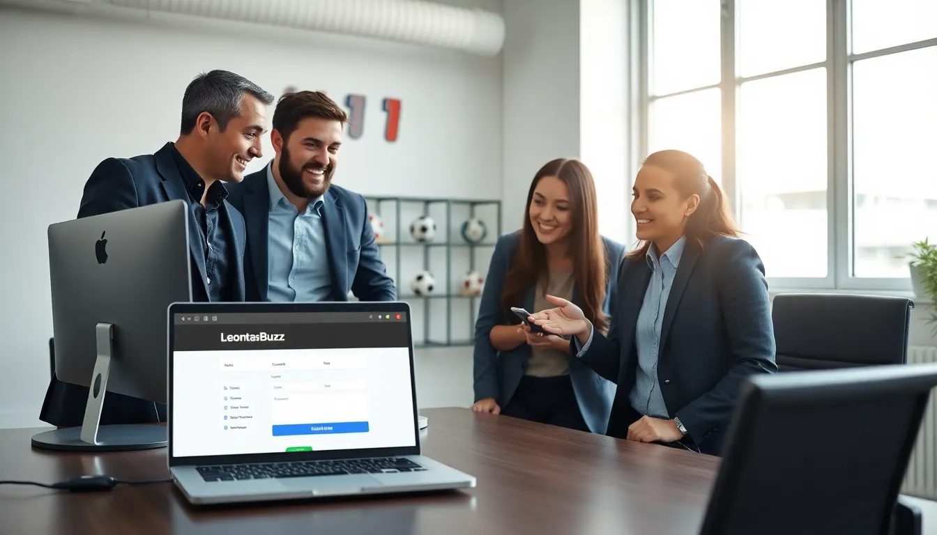 professionals discussing a contact form in a modern office setting.