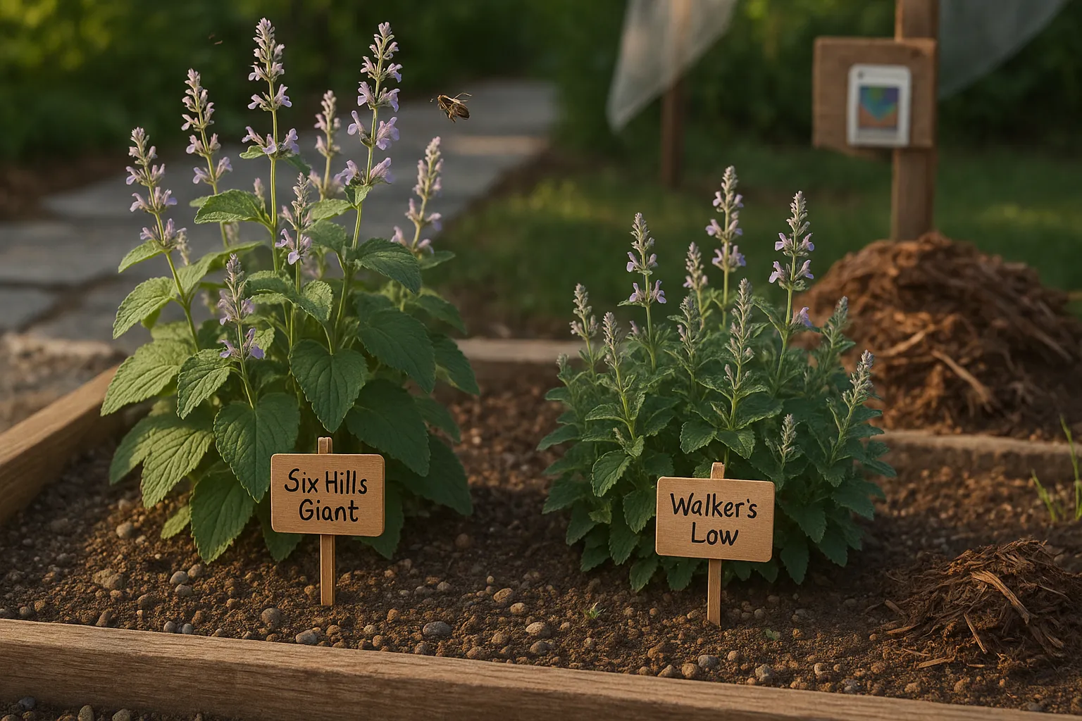 Two labeled Nepeta varieties in a gritty raised bed showing soil and mulch.