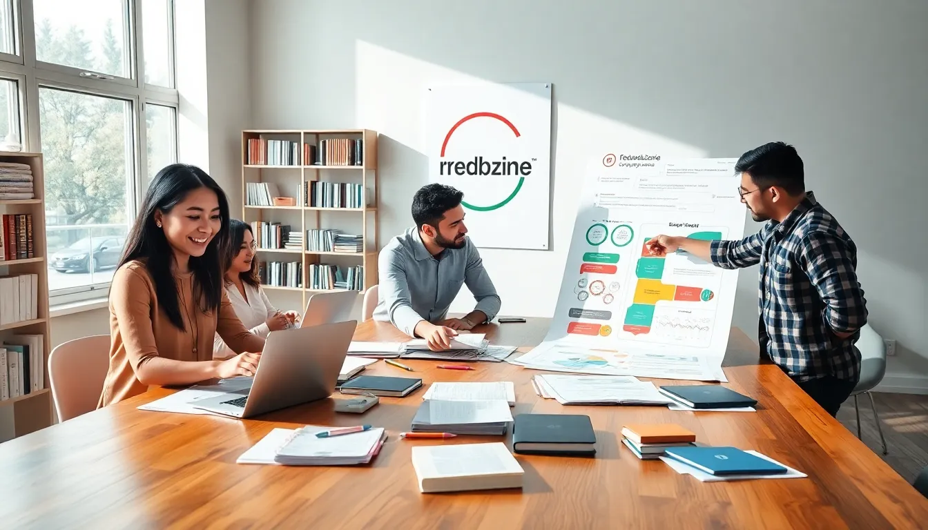 a diverse team collaborating in a modern editorial office.