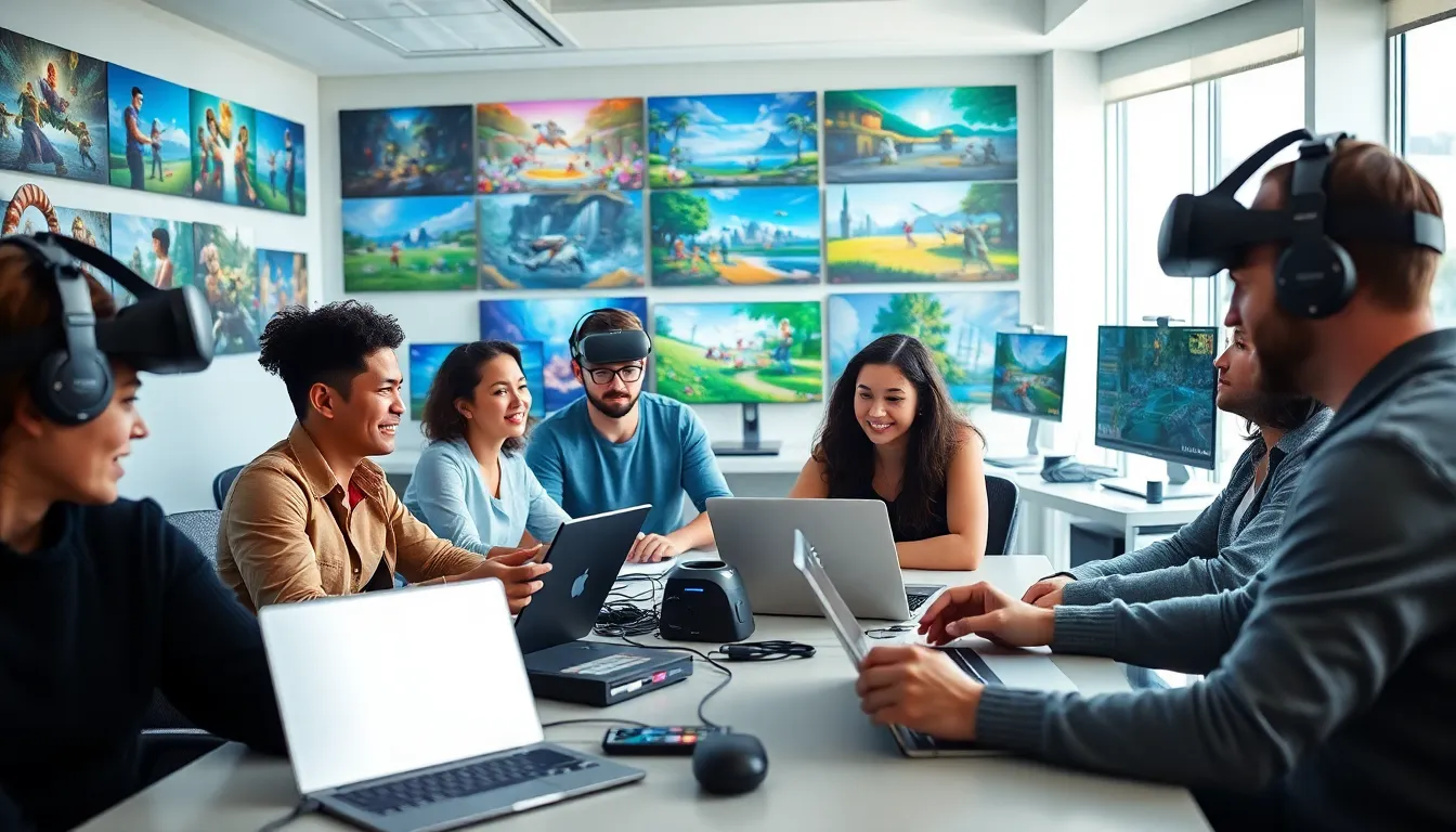 diverse team collaborating in a modern gaming studio.
