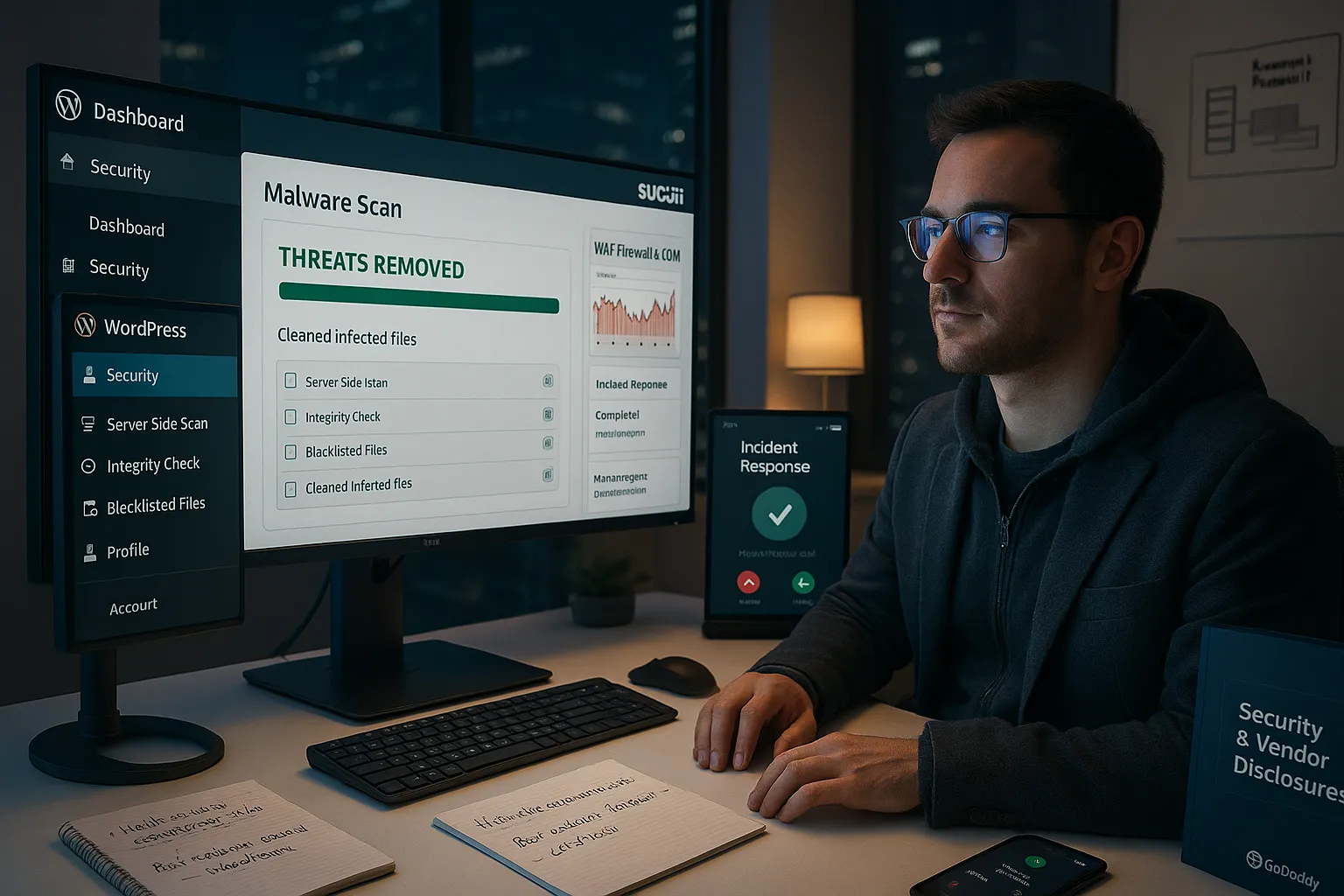 7 Best WordPress Malware Removal Options For Small Business Sites 5 Security specialist monitors WordPress malware removal dashboard with active firewall protection.