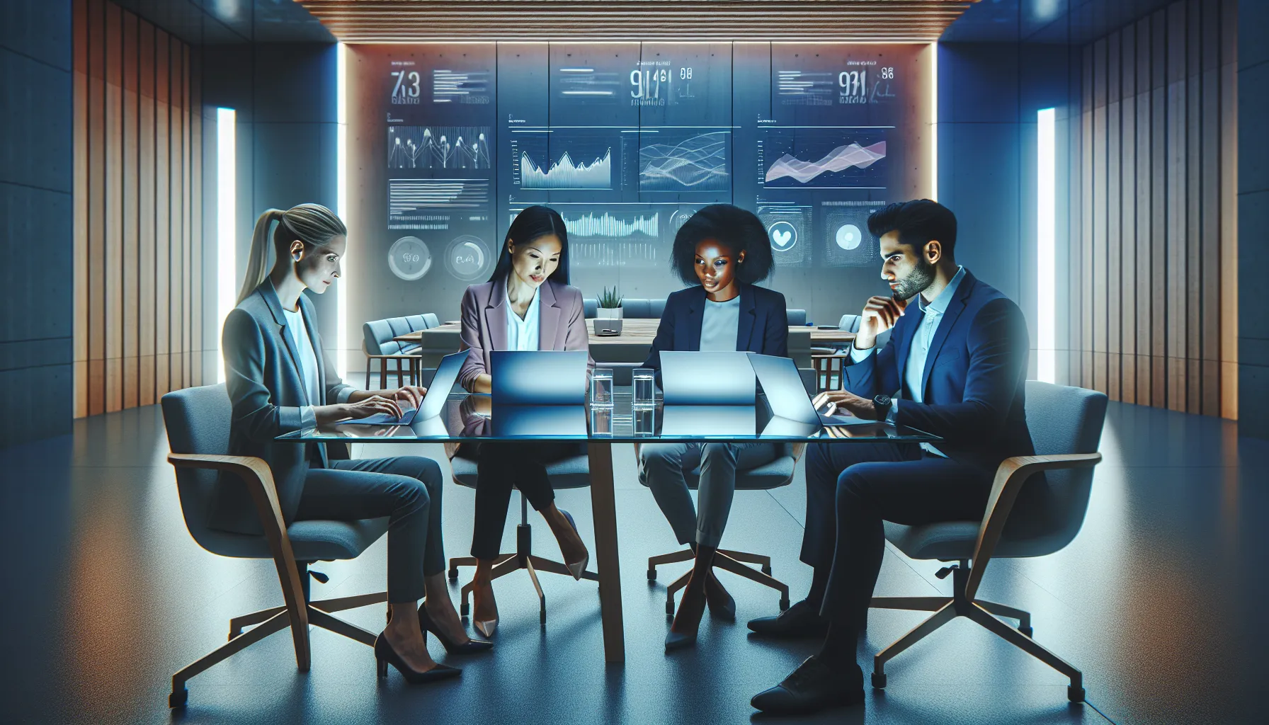 professionals discussing a number in a modern office setting.