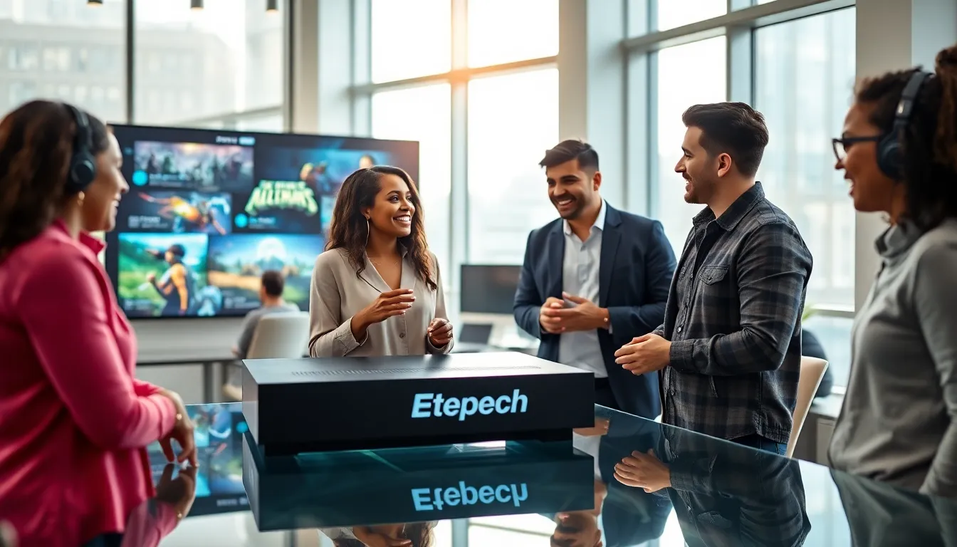 diverse gaming professionals discussing new gaming trends in a modern office.