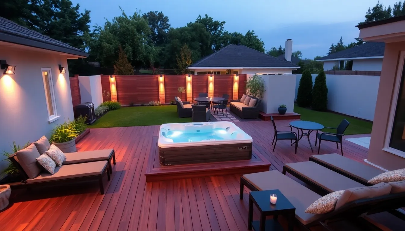 modern hot tub deck and patio in a stylish backyard setting.