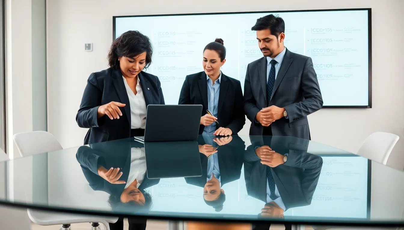 healthcare professionals discussing ICD-10 coding in a modern office.