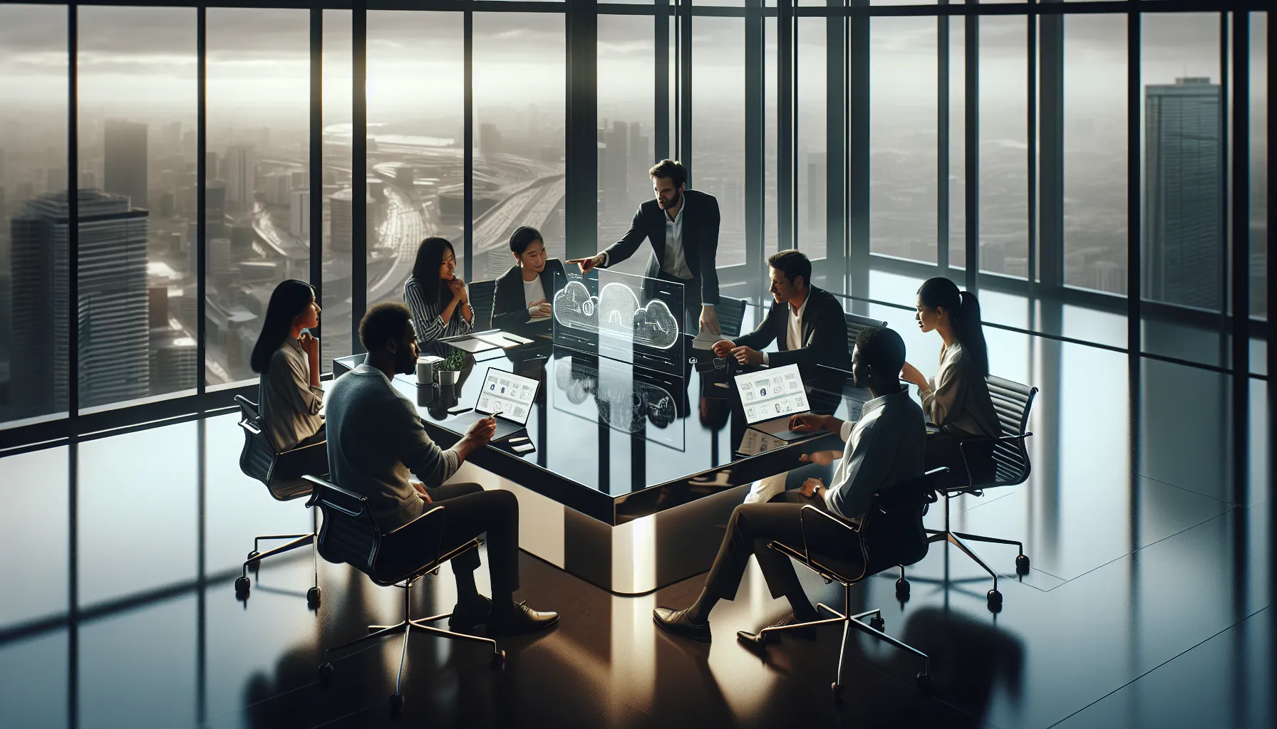 diverse team collaborating in a modern office on cbofeos features.