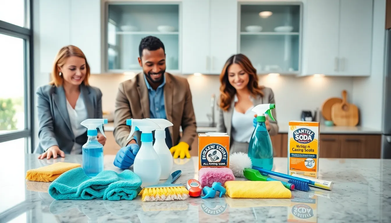 diverse team of professionals cleaning a modern kitchen together.