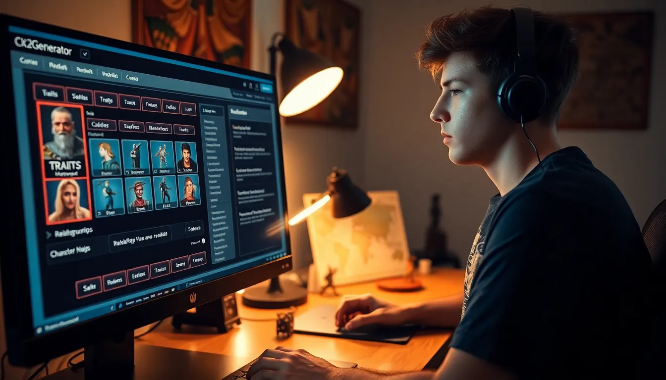 a gamer creating characters using the Ck2Generator tool on a computer.