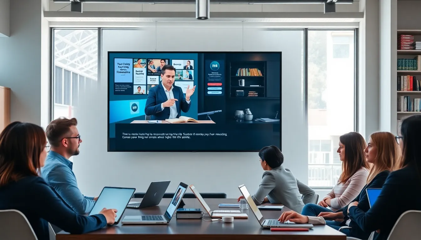 diverse group watching a masterclass video in a modern office.