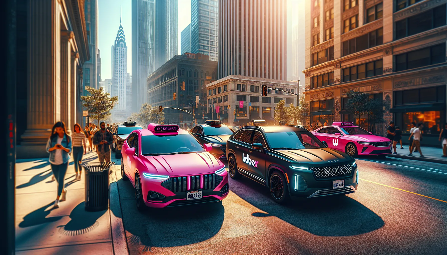 Two rideshare vehicles parked on a busy urban street.