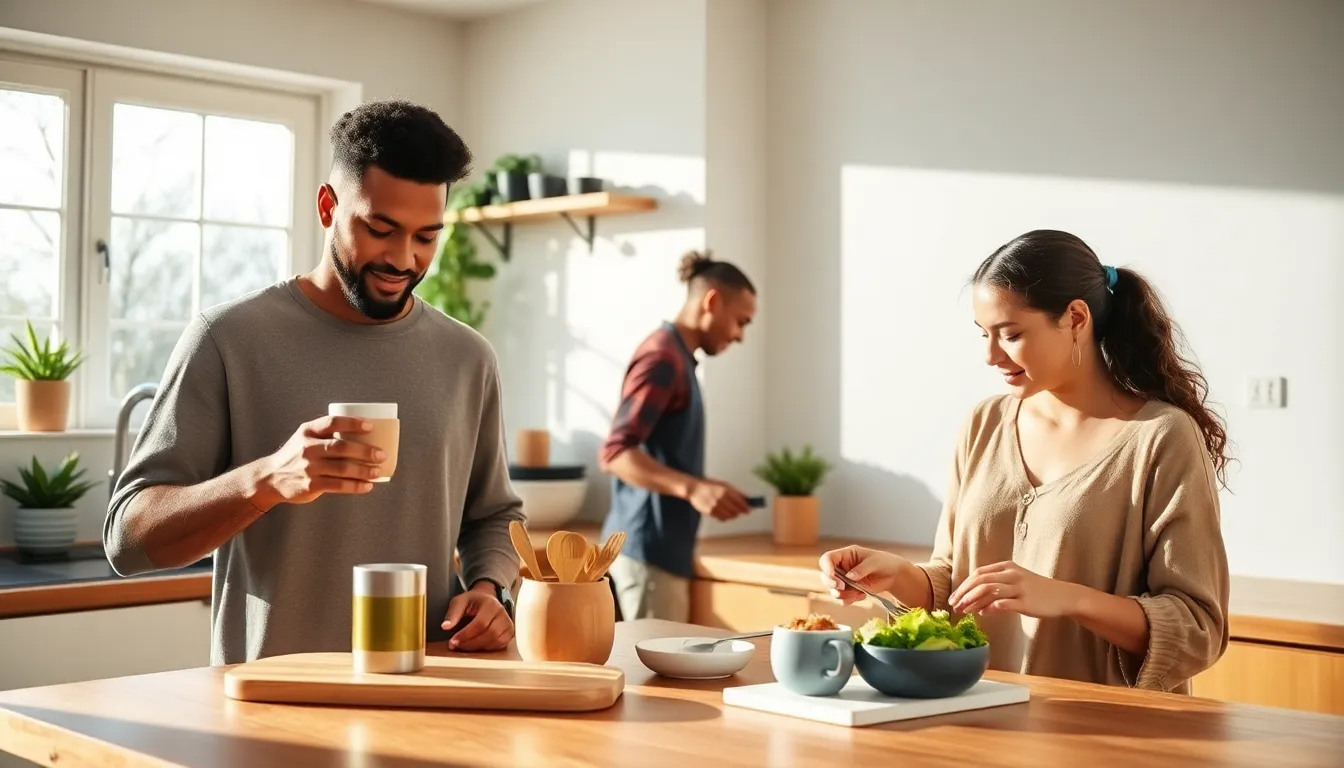 diverse individuals enjoying sustainable morning routines in a modern kitchen.