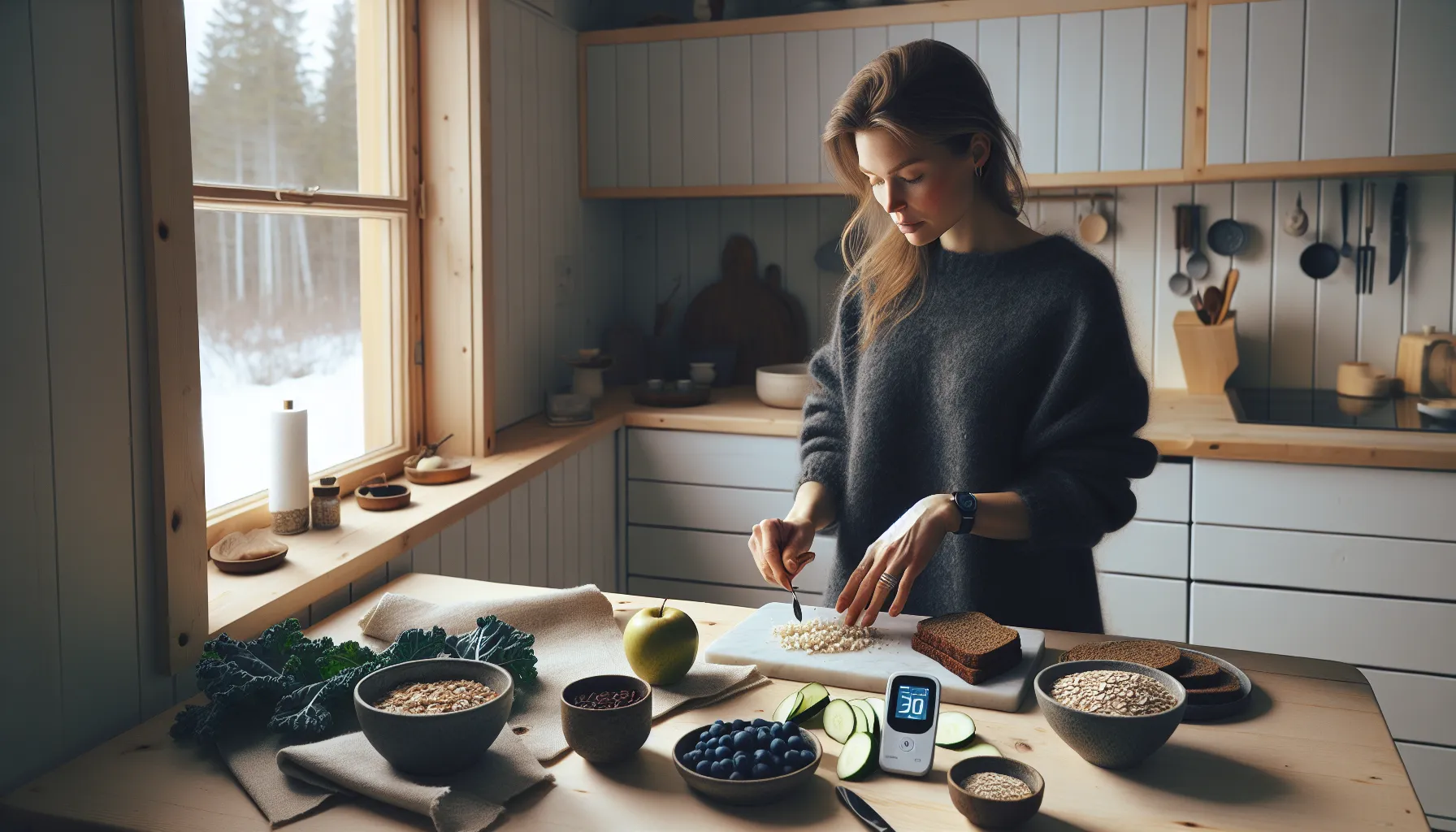 Lavkarbo og blodsukker: slik påvirker karbohydrater kroppen din 3 Norwegian woman prepares fiber-rich low-carb meal with a glucometer nearby.