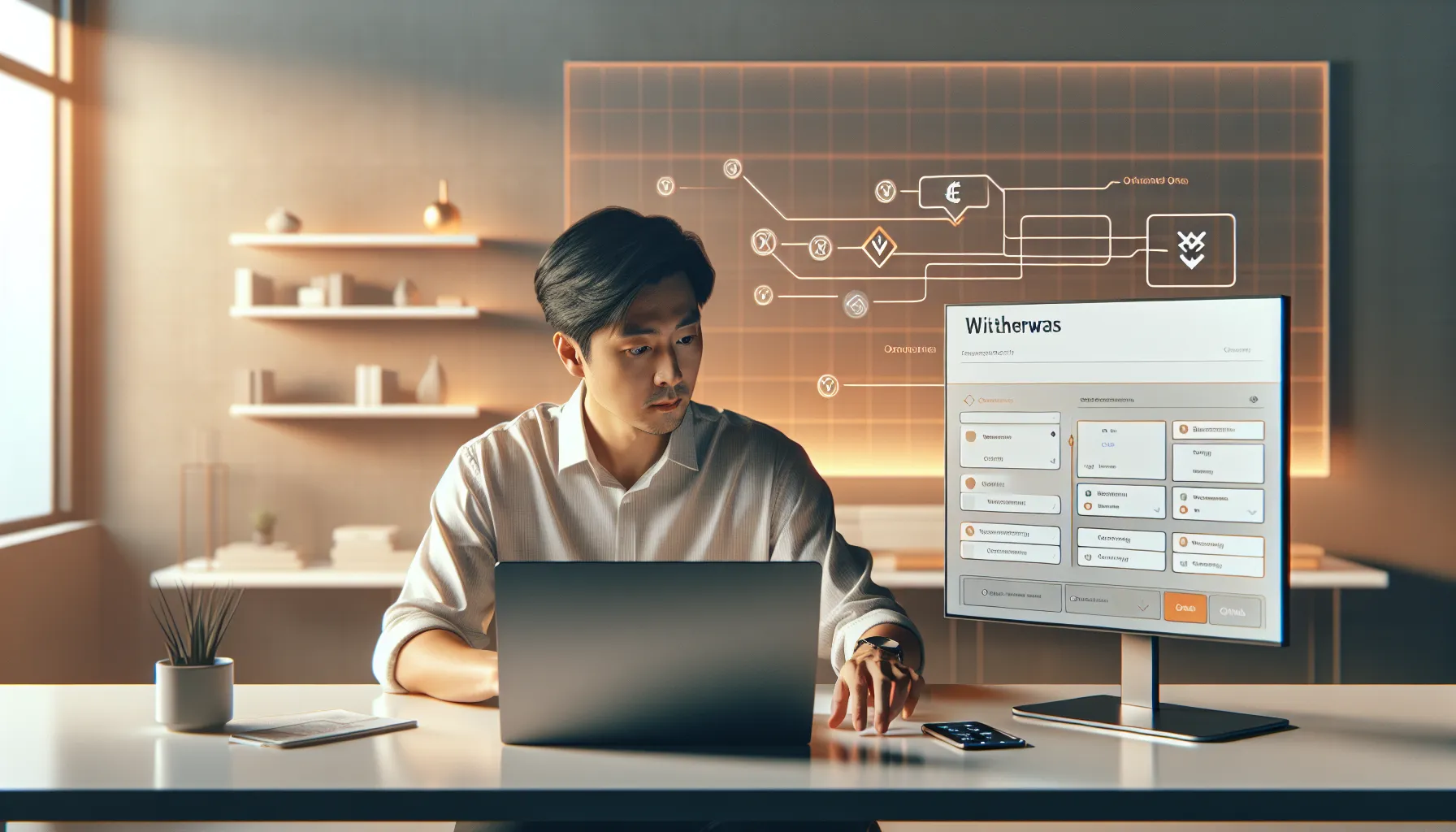 Professional using laptop to withdraw cryptocurrency on OrangeX platform with security verification.