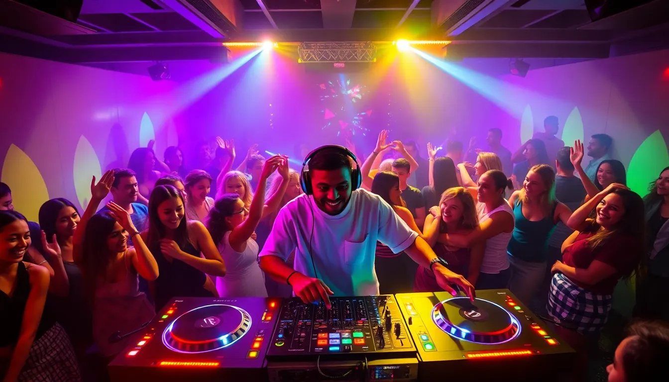diverse group of people dancing in a vibrant nightclub.