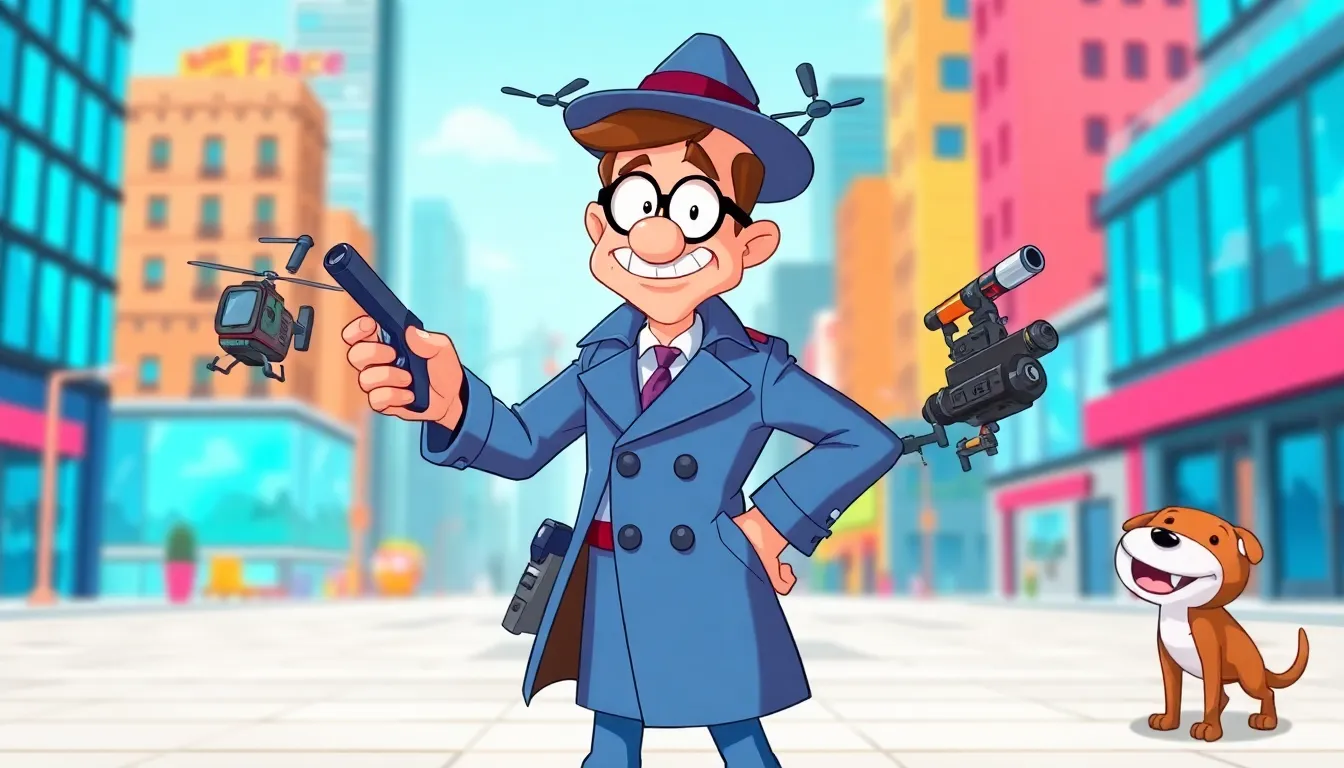 Inspector Gadget with gadgets in a colorful, animated scene.
