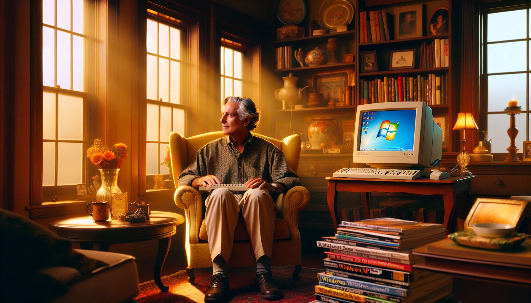 an older man using a Windows XP computer in a cozy living room.