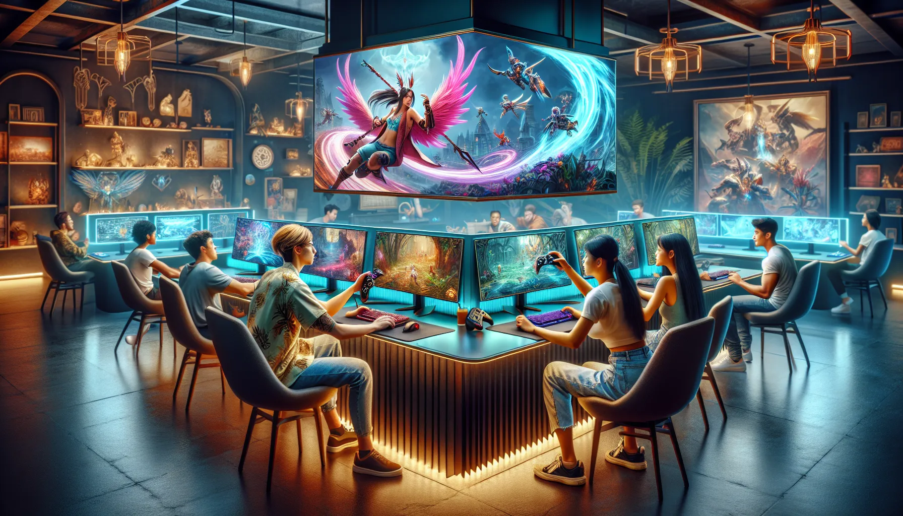 diverse group enjoying gameplay in a modern gaming lounge.