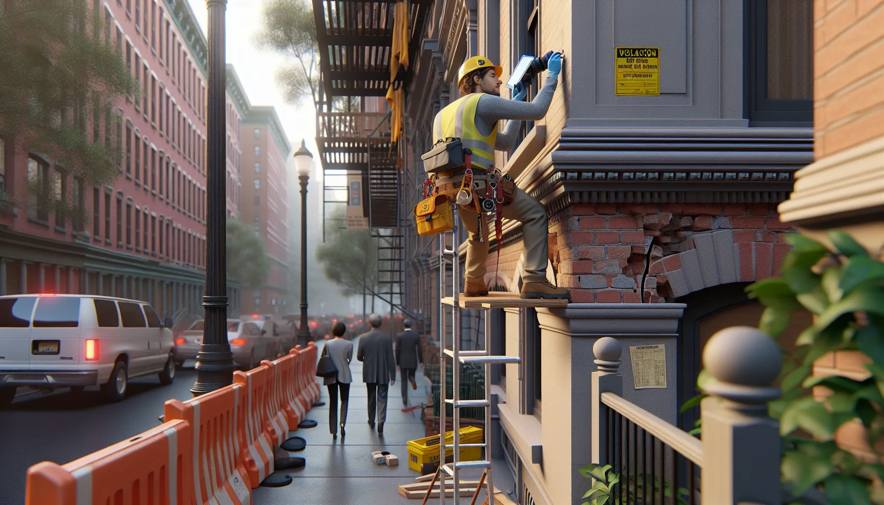 Inspector on scaffold examining NYC building facade with visible cracks and safety barriers.