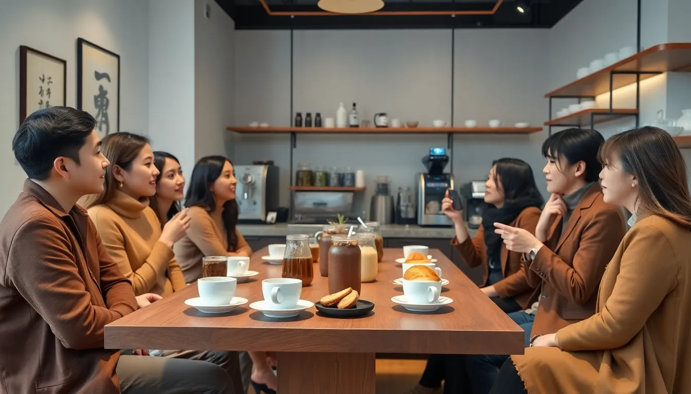 diverse group enjoying coffee in a stylish café.