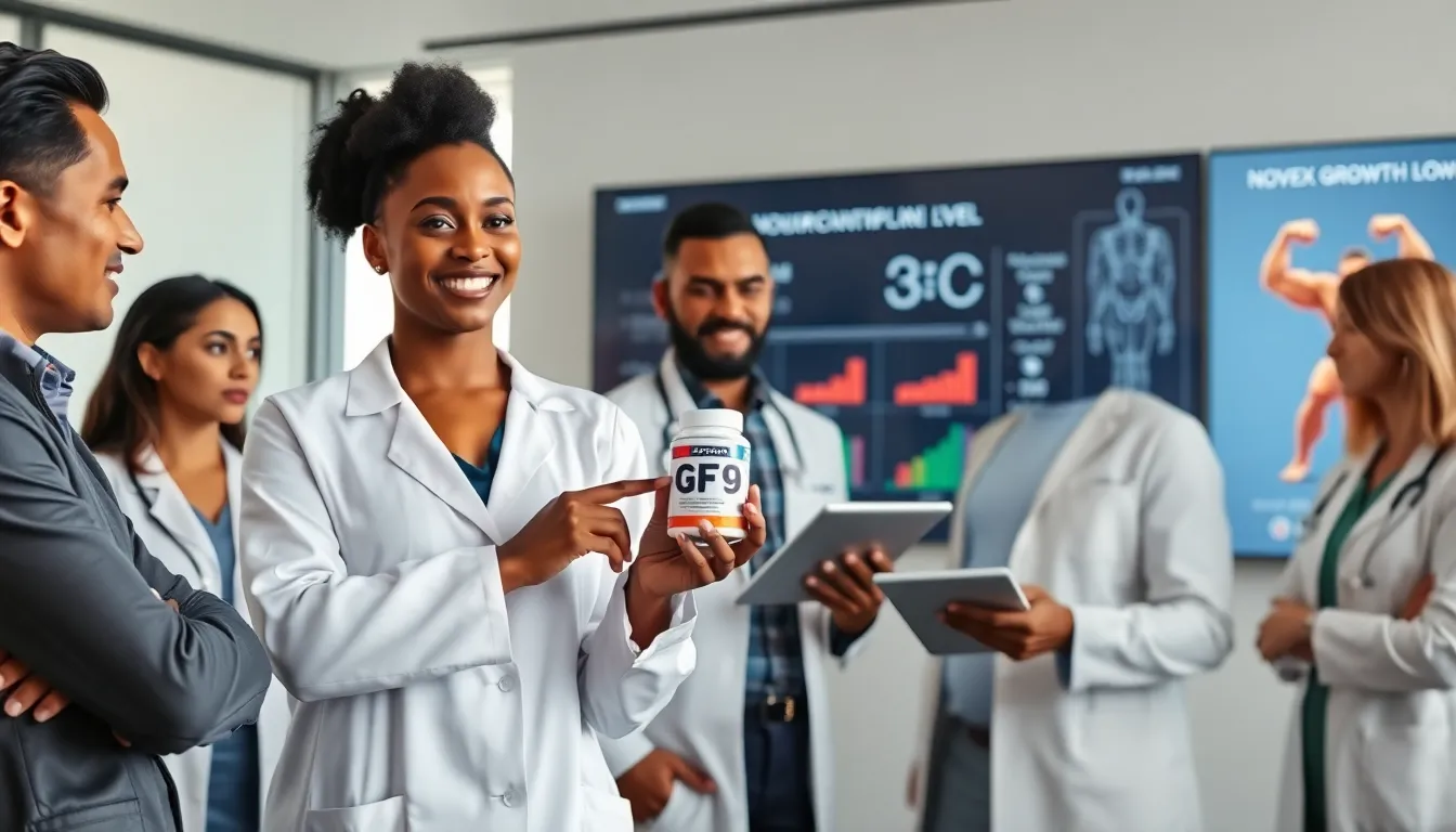 health professionals discussing Novex Biotech GF9 in a modern office.