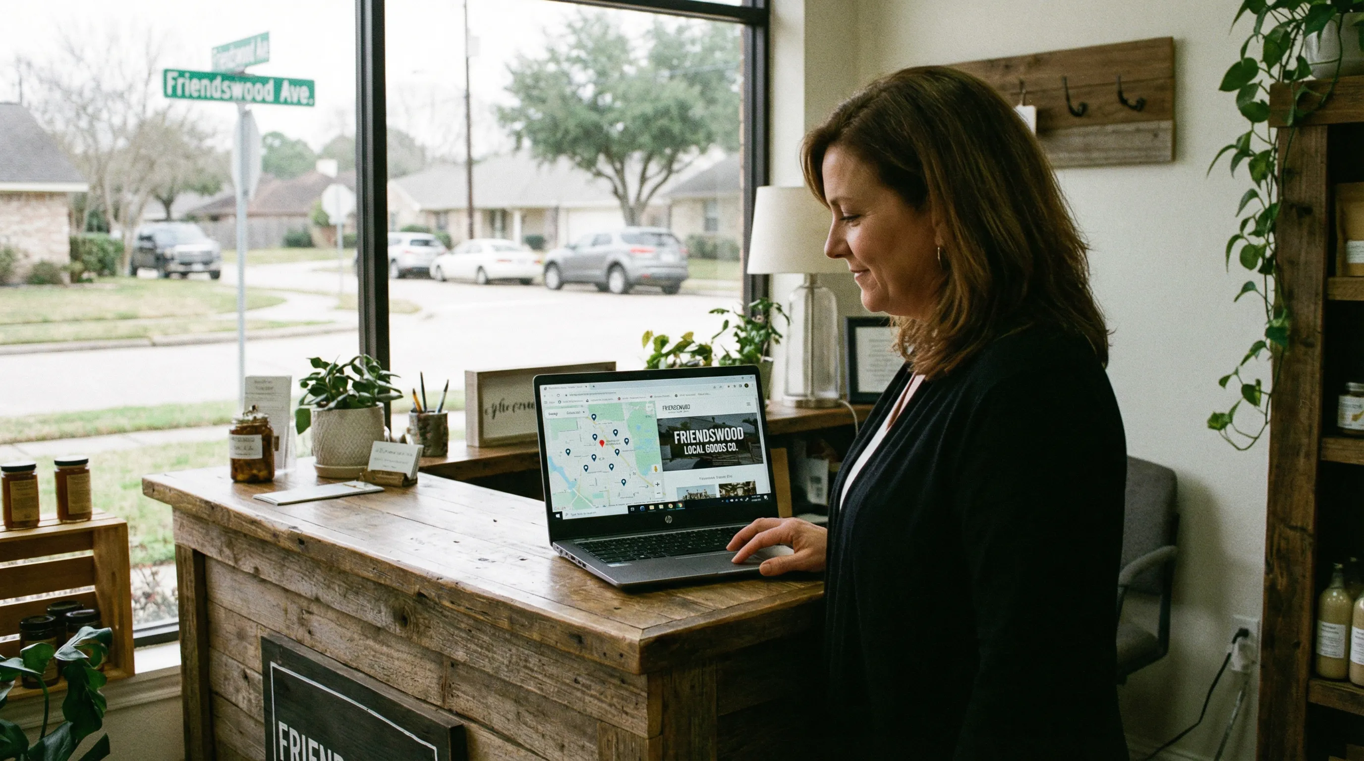 Local shop owner in a Friendswood-style storefront checking a laptop showing map pins and their business website.