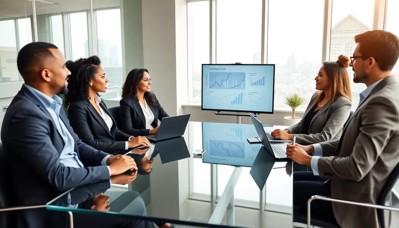 diverse team in a modern office discussing real estate investing coaching.