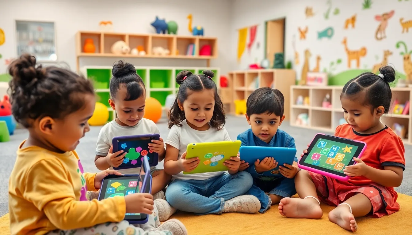 diverse toddlers engaging with educational apps in a colorful playroom.