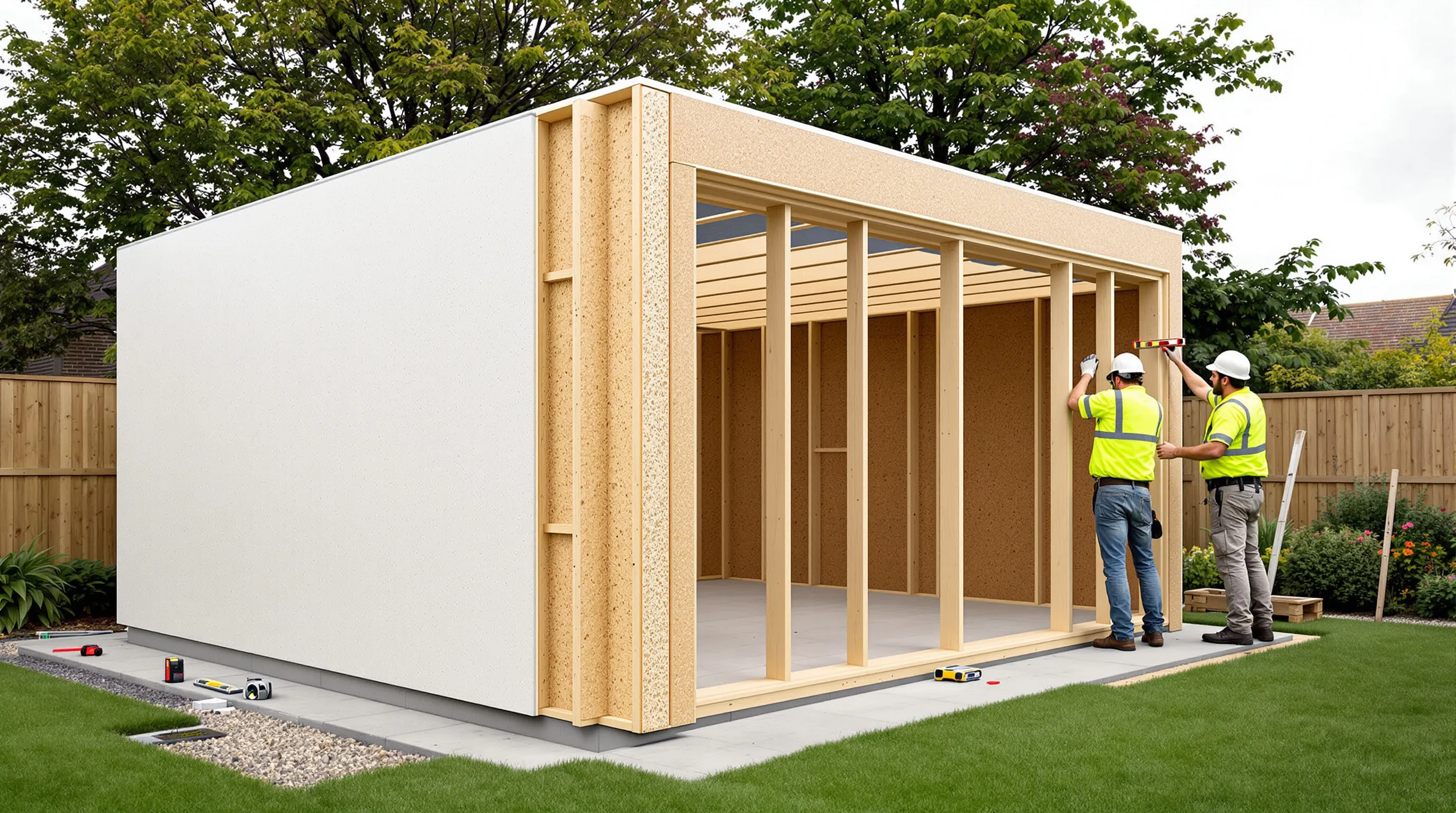 Builders assembling SIP panels for a garden room in a UK backyard.