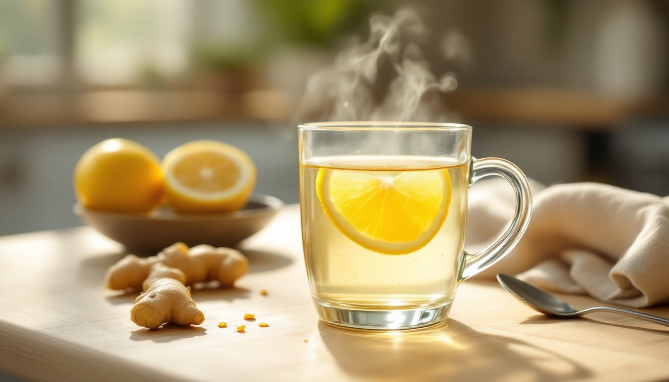 A glass mug of warm water with ginger slice and lemon on a sunlit kitchen counter.