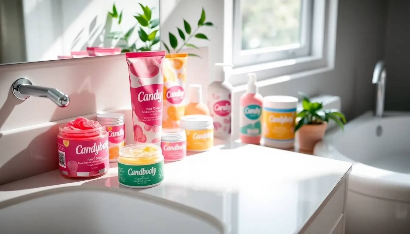 Colorful body care products displayed on a sleek bathroom counter.