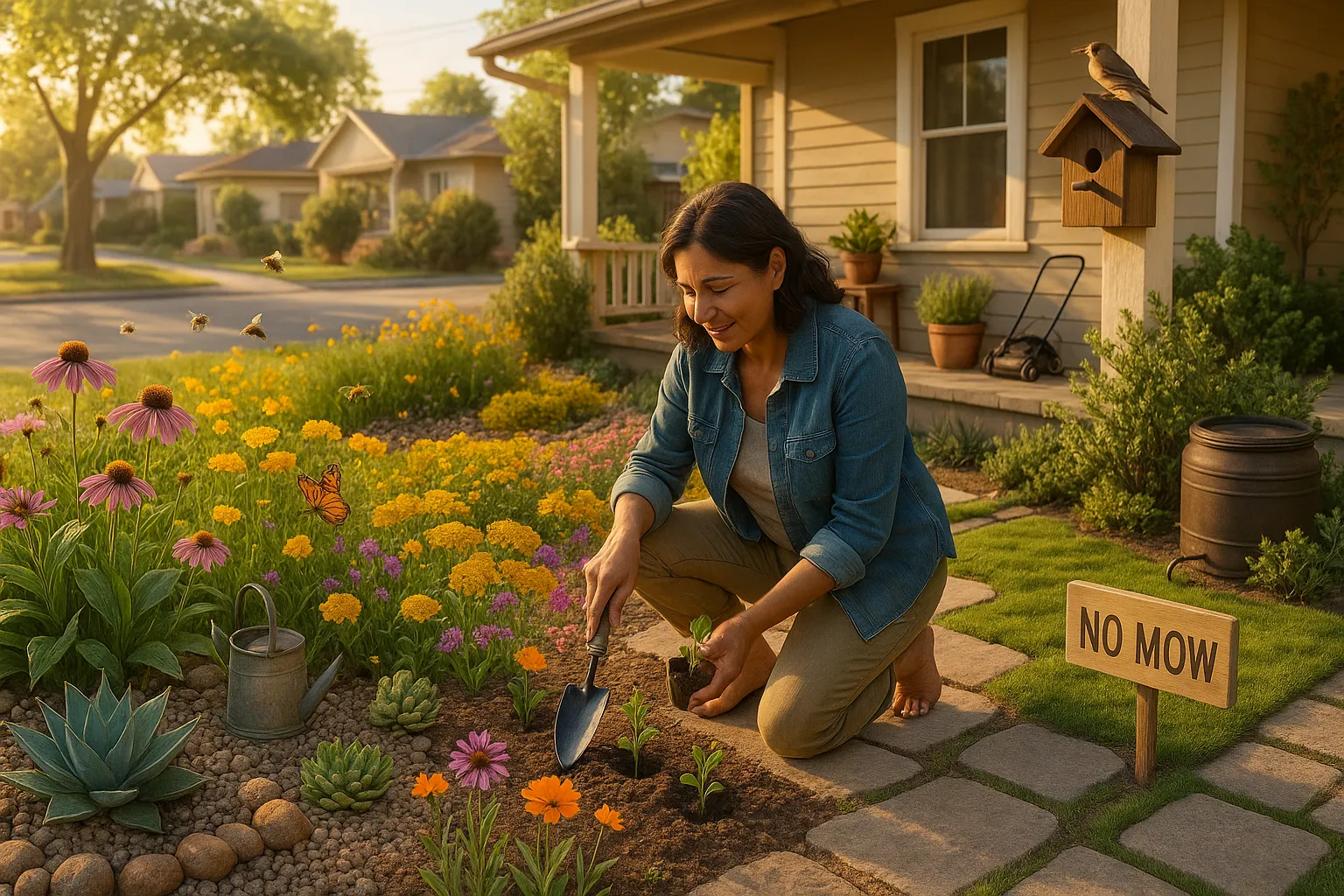 Homeowner planting a native wildflower meadow replacing a grass lawn.