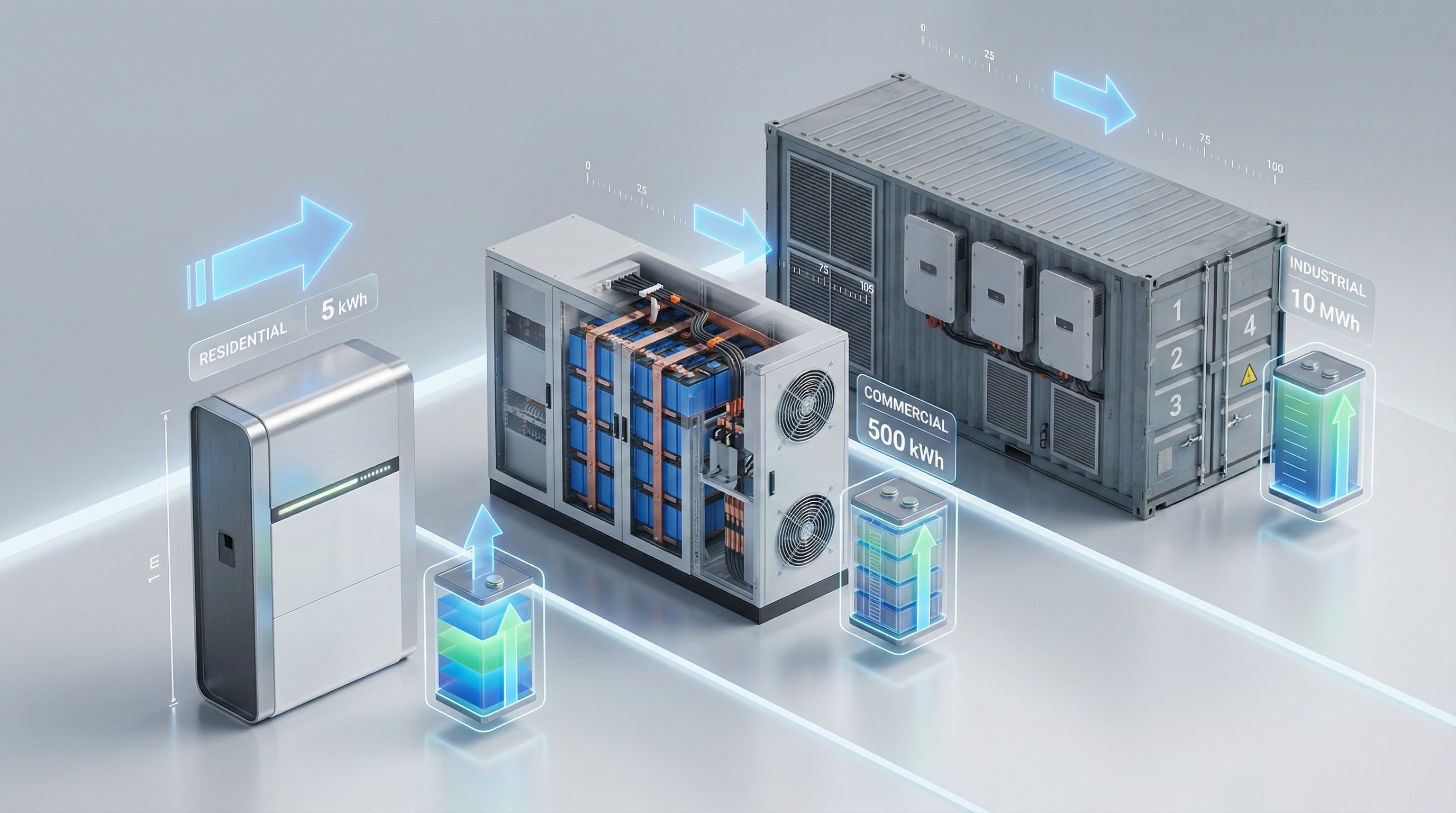 3D render of residential, commercial, and industrial BESS battery storage systems at different scales.