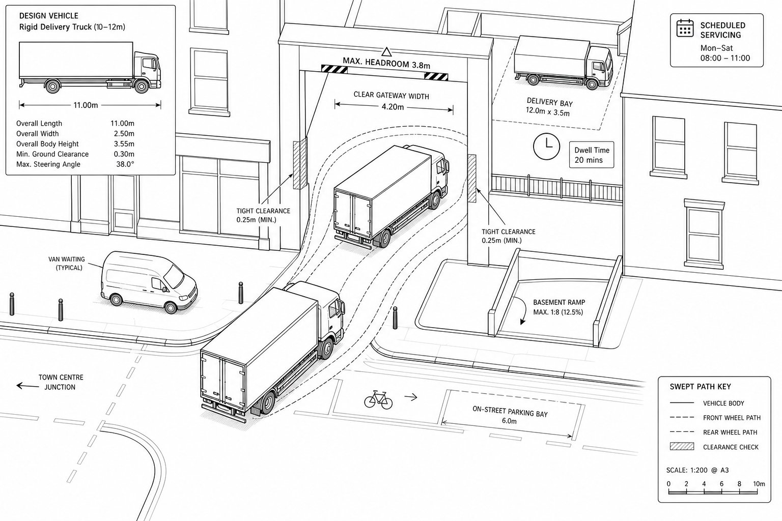 delivery truck navigating a tight urban site access layout