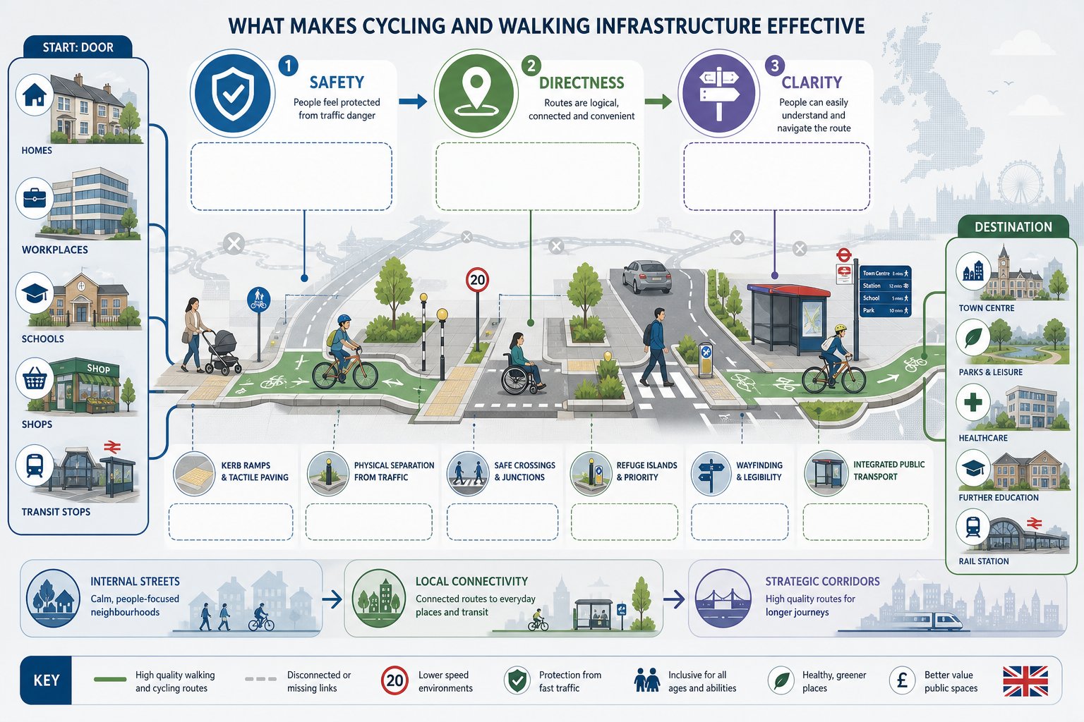 Infographic of safe, direct, connected cycling and walking routes in the UK.