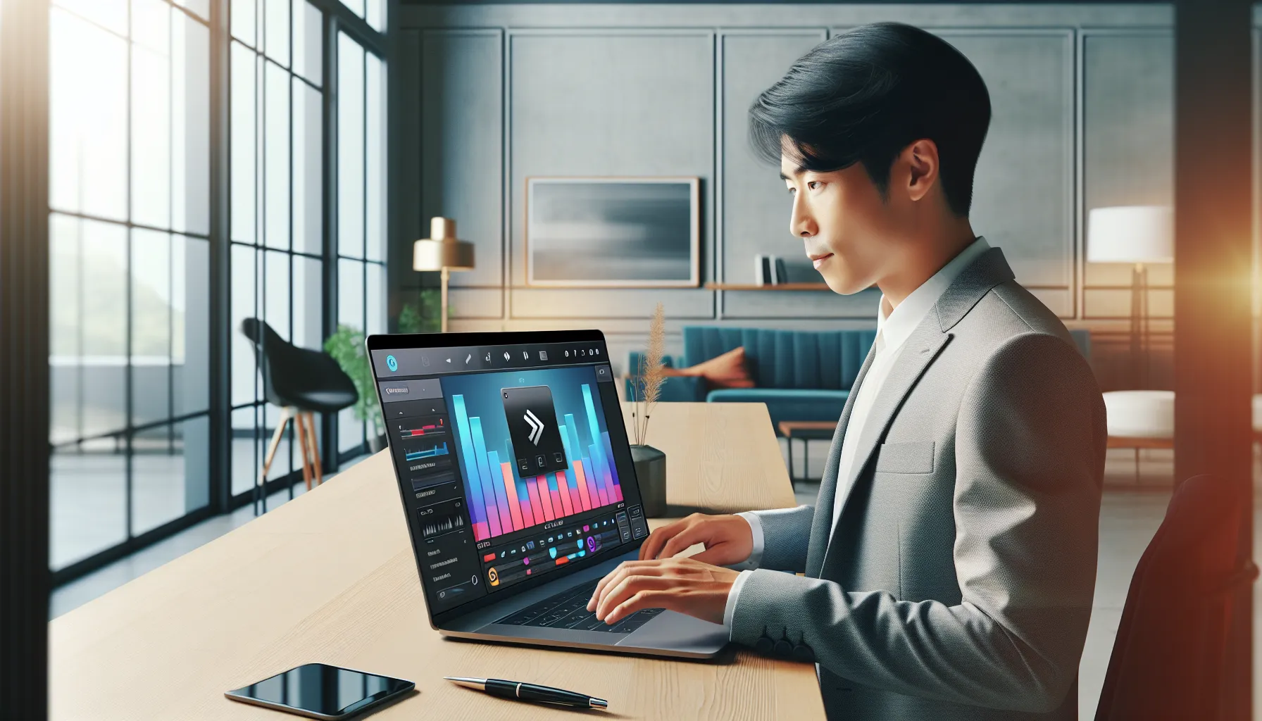 A diverse professional using the Sstik.io MP3 Converter on a laptop.