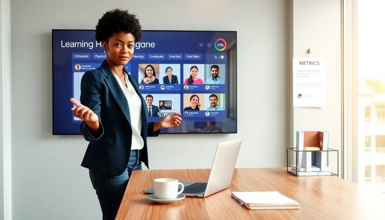 Product manager tapping a learning hub dashboard on a touchscreen in a bright office.
